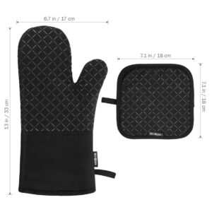 BESTONZON 4PCS Heat Resistant Oven Mitts and Pot Holders, Soft Cotton Lining with Non-Slip Surface for Safe BBQ Cooking Baking Grilling (Black)