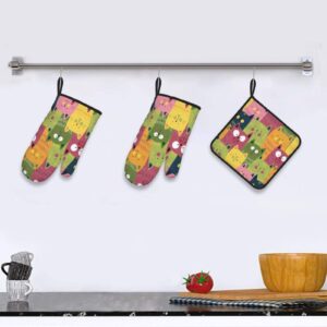 Cute Cat Oven Mitts and Pot Holders Sets of 3 Funny Animal Insulated Kitchen Golves Heat Resistant Potholders for Cooking Baking Grilling BBQ, Cat Gifts for Women