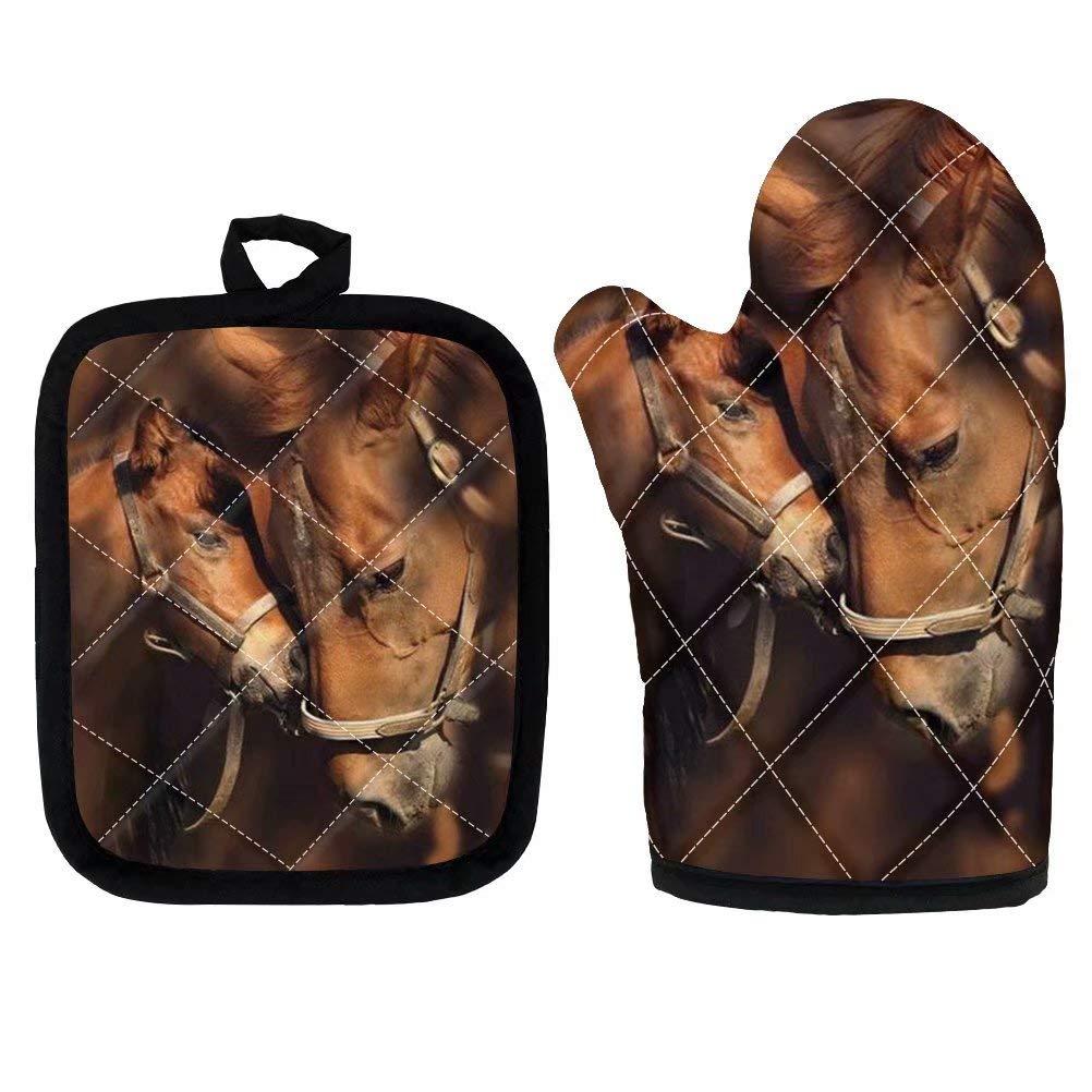 Dellukee Oven Mitt and Pot Holder Set Horse Print Heat Resistant Kitchen Microwave Gloves for Baking Cooking Grilling BBQ