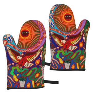 wolla-st colorful hispanic oaxaca mexican mayan tribal boho bohemian oven mitts 1 pair kitchen heat resistant nonslip silicone oven gloves potholders set for cooking baking bbq, one size, black