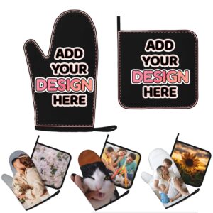 custom oven mitt with photo personalized design name text image oven mitts and pot holders sets heat resistant oven gloves for kitchen cooking baking grilling gifts (1right oven mitt+1pot holder set)