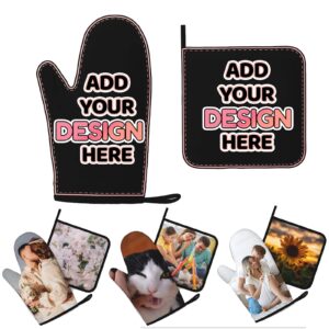 Custom Oven mitt with Photo Personalized Design Name Text Image Oven Mitts and Pot Holders Sets Heat Resistant Oven Gloves for Kitchen Cooking Baking Grilling Gifts (1right Oven mitt+1pot Holder Set)