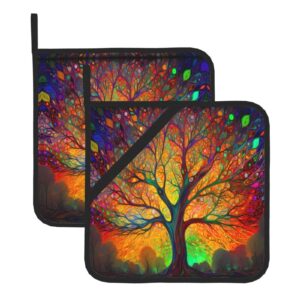 mount hour potholders, rainbow tree of life colorful forest tree baking pot holder for cooking bbq, 2-piece set