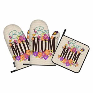 Samgula Best Mom Oven Mitts and Pot Holders Sets Happy Mother's Day Hearts Flowers Heat Resistant 3pcs for Cooking Baking BBQ