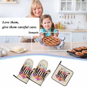 Samgula Best Mom Oven Mitts and Pot Holders Sets Happy Mother's Day Hearts Flowers Heat Resistant 3pcs for Cooking Baking BBQ