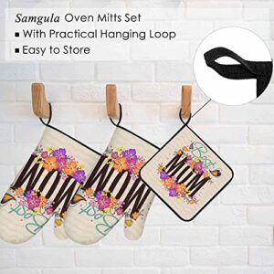 Samgula Best Mom Oven Mitts and Pot Holders Sets Happy Mother's Day Hearts Flowers Heat Resistant 3pcs for Cooking Baking BBQ