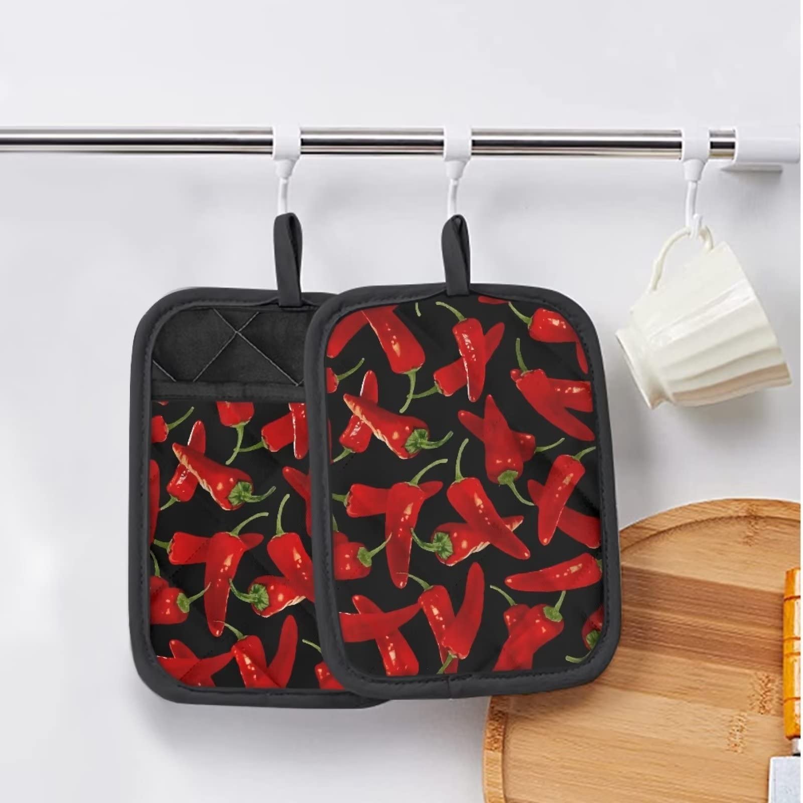 WELLFLYHOM Red Chili Hot Pads for Kitchen Set of 2 Pot Holders with Pocket Pepper Graphic Cotton Potholders Women Men Cooking Baking Microwave Machine Washable Oven Mitts