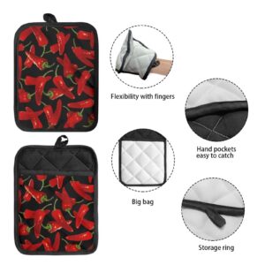 WELLFLYHOM Red Chili Hot Pads for Kitchen Set of 2 Pot Holders with Pocket Pepper Graphic Cotton Potholders Women Men Cooking Baking Microwave Machine Washable Oven Mitts