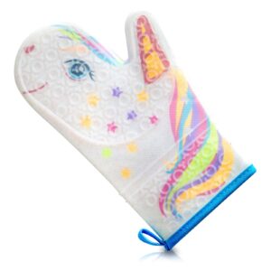 gears out glitter magic unicorn silicone oven mitt - funny oven mitts - heat resistant kitchen glove, soft silicone, quilted fabric lining