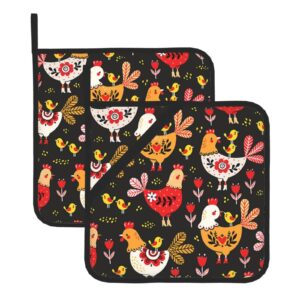 pot holders 2pcs set, kitchen oven glove high heat resistant 500 degree oven mitts and potholder with non-slip silicone surface for baking,cooking,bbq - cute rooster chickens