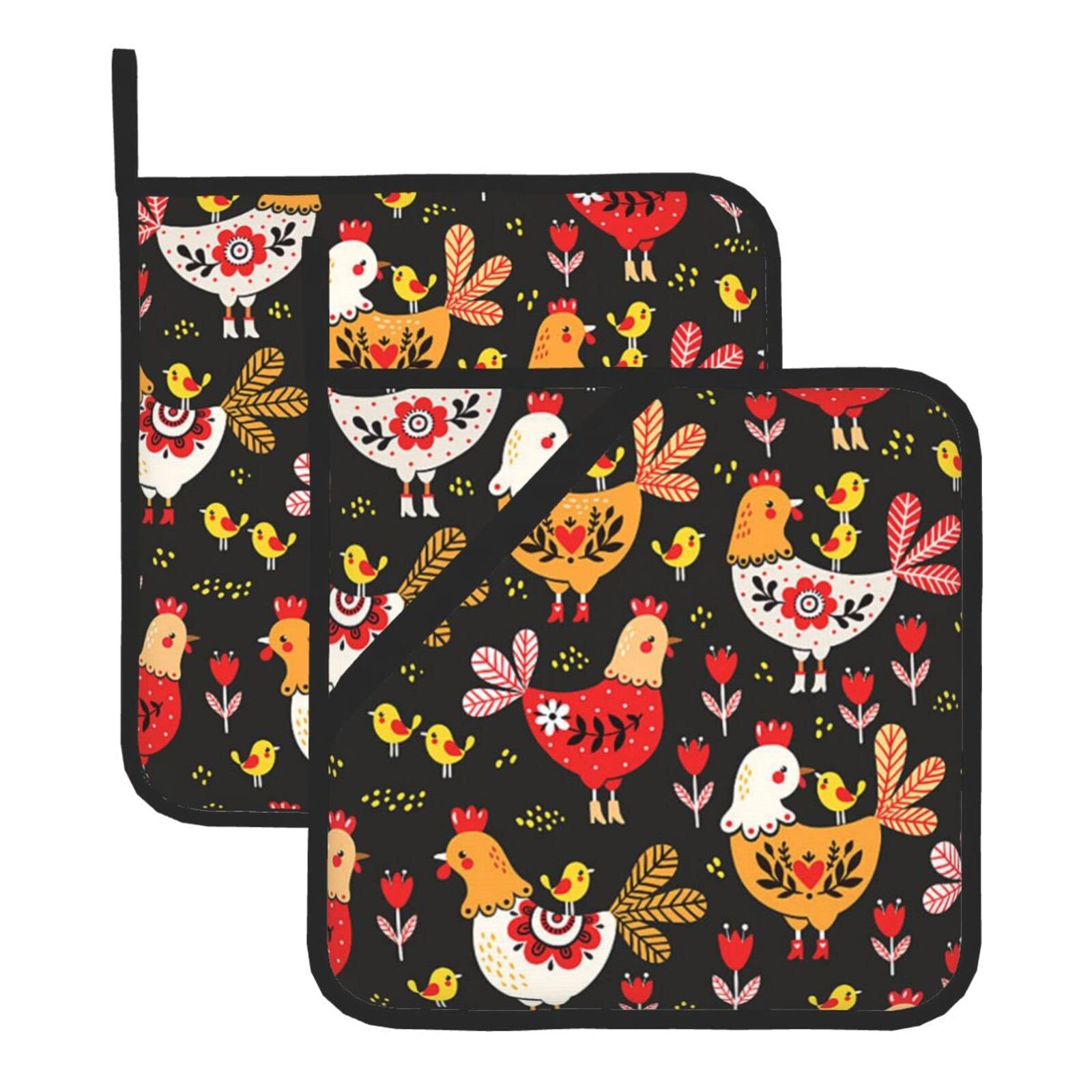 Pot Holders 2pcs Set, Kitchen Oven Glove High Heat Resistant 500 Degree Oven Mitts and Potholder with Non-Slip Silicone Surface for Baking,Cooking,BBQ - Cute Rooster Chickens