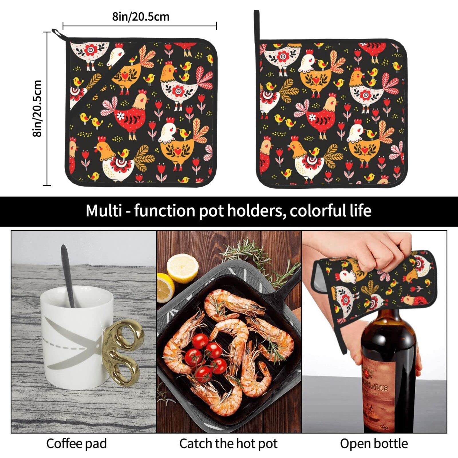 Pot Holders 2pcs Set, Kitchen Oven Glove High Heat Resistant 500 Degree Oven Mitts and Potholder with Non-Slip Silicone Surface for Baking,Cooking,BBQ - Cute Rooster Chickens