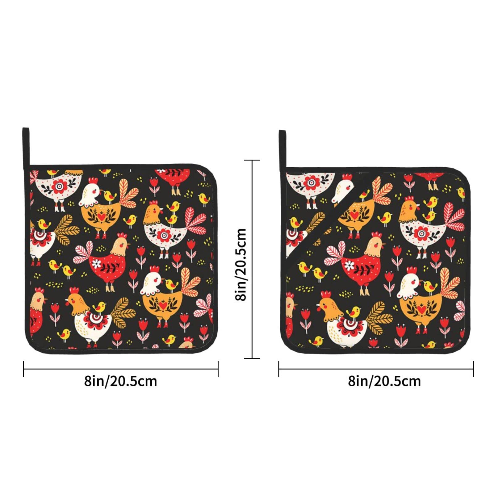 Pot Holders 2pcs Set, Kitchen Oven Glove High Heat Resistant 500 Degree Oven Mitts and Potholder with Non-Slip Silicone Surface for Baking,Cooking,BBQ - Cute Rooster Chickens