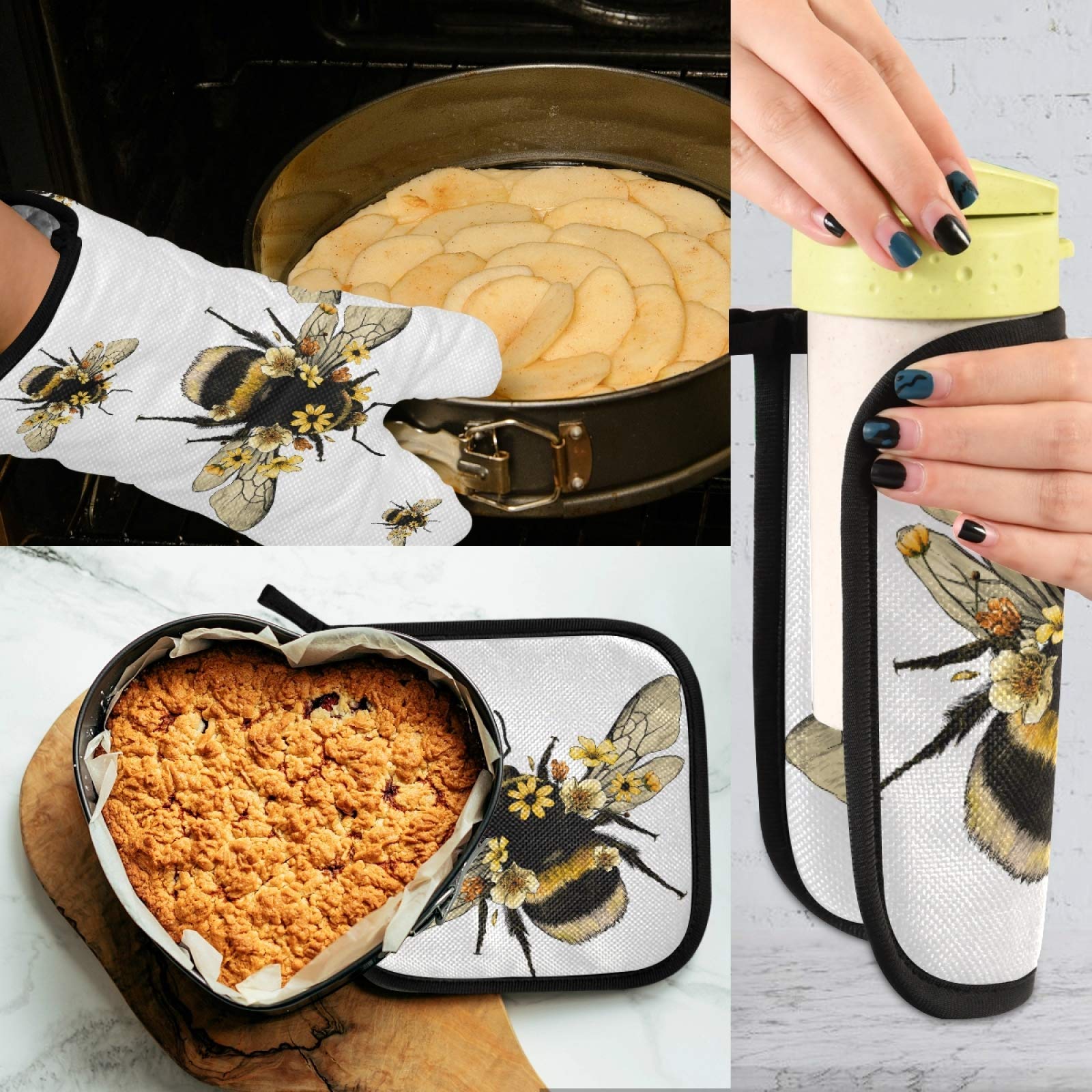 Aflyko Bee Daisy Flower Oven Mitt Pot Holder Gift Set Heat Resistant Cooking Glove Kitchen Potholder for BBQ Baking