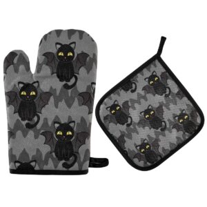 halloween black cat bat wings oven mitts & pot holders sets holiday kitchen decor cute heat resistant non-slip potholders set for cooking baking bbq