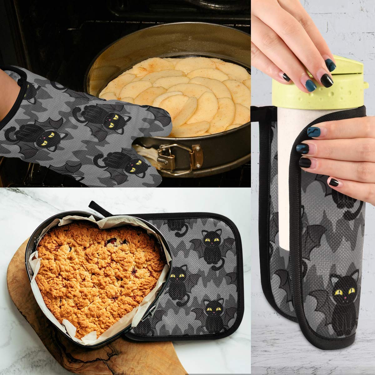 Halloween Black Cat Bat Wings Oven Mitts & Pot Holders Sets Holiday Kitchen Decor Cute Heat Resistant Non-Slip Potholders Set for Cooking Baking BBQ