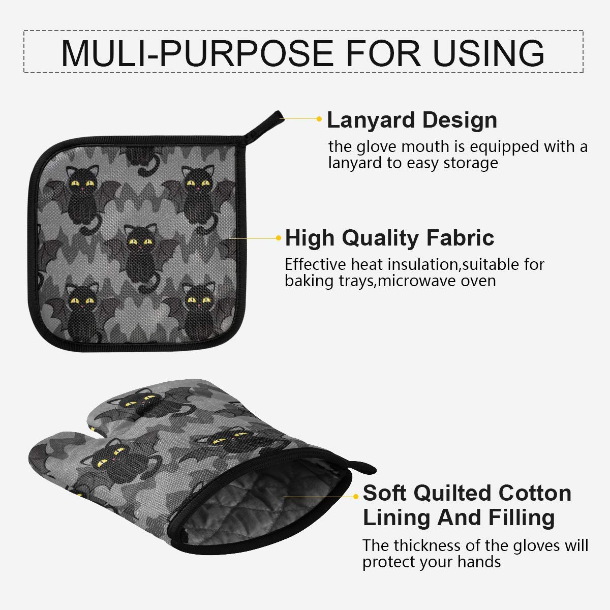 Halloween Black Cat Bat Wings Oven Mitts & Pot Holders Sets Holiday Kitchen Decor Cute Heat Resistant Non-Slip Potholders Set for Cooking Baking BBQ