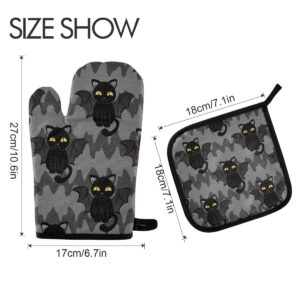 Halloween Black Cat Bat Wings Oven Mitts & Pot Holders Sets Holiday Kitchen Decor Cute Heat Resistant Non-Slip Potholders Set for Cooking Baking BBQ