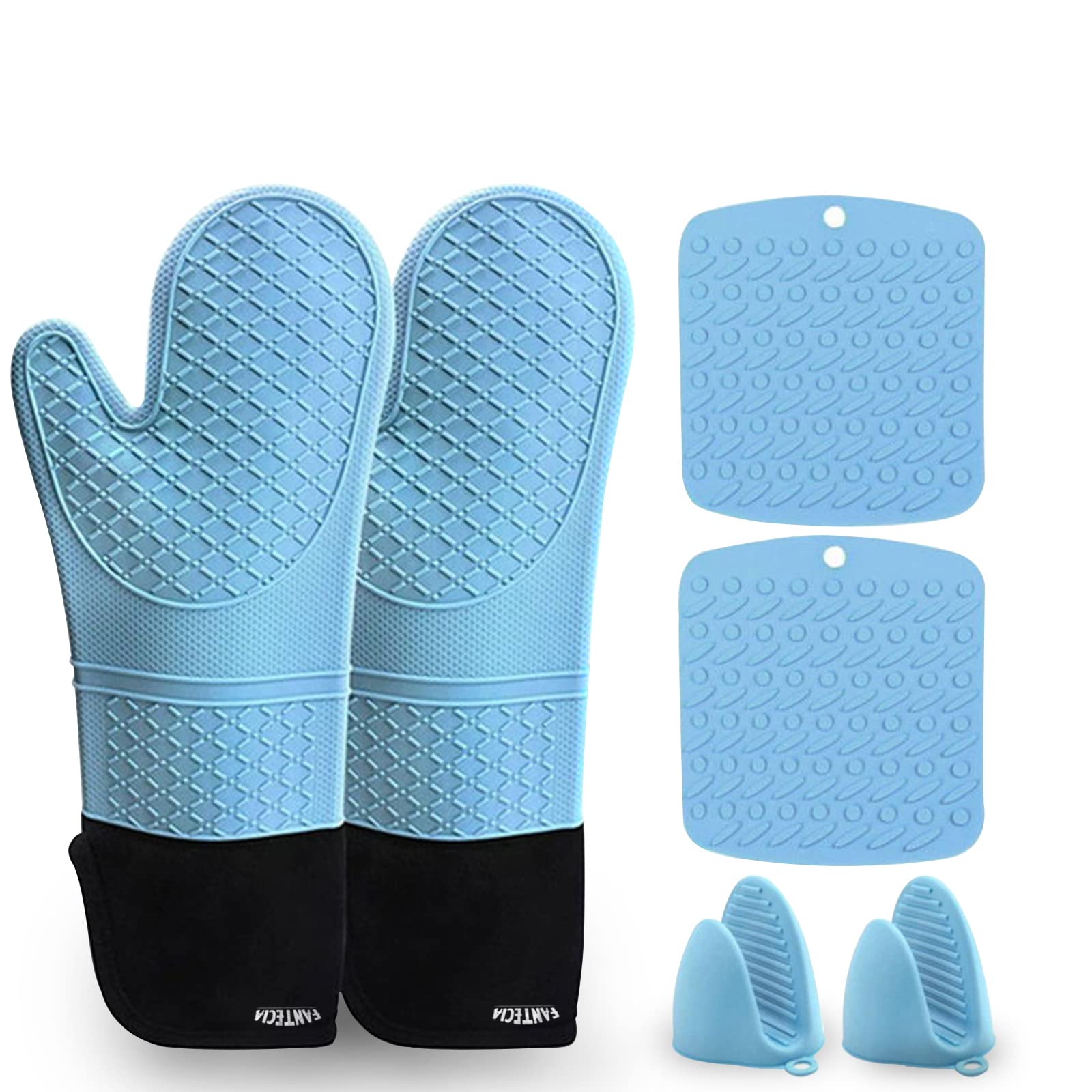 Fantecia Oven Mitt Set, Silicone Oven Mitts with Pot Holders and Trivet Mats, Heat Resistant, Anti-Slip and Easy to Clean