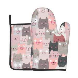 Oplp Funny Pink Cute Cats Oven Mitts and Pot Holders Heat Resistant Oven Mitts Safe for Baking Cooking BBQ