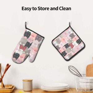 Oplp Funny Pink Cute Cats Oven Mitts and Pot Holders Heat Resistant Oven Mitts Safe for Baking Cooking BBQ