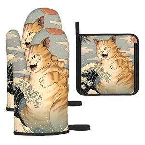 tattoo funny cat oven mitts pot holders set non-slip cooking kitchen gloves washable heat resistant oven gloves for microwave bbq baking grilling