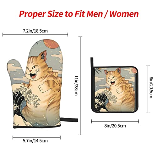 Tattoo Funny Cat Oven Mitts Pot Holders Set Non-Slip Cooking Kitchen Gloves Washable Heat Resistant Oven Gloves for Microwave BBQ Baking Grilling