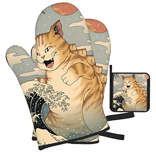 Tattoo Funny Cat Oven Mitts Pot Holders Set Non-Slip Cooking Kitchen Gloves Washable Heat Resistant Oven Gloves for Microwave BBQ Baking Grilling