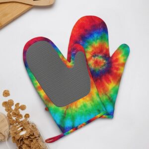 Colourful Tie Dye Oven Mitts Silicone Gloves Kitchen Mittens Heat Resistant Non Slip Oven Mitts for BBQ Grilling Cooking Baking, 1 Pair