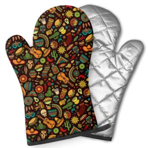 pairs of decorative oven mitts, heat resistant kitchen gloves for cooking, baking, grilling ( cartoon latin american mexican )