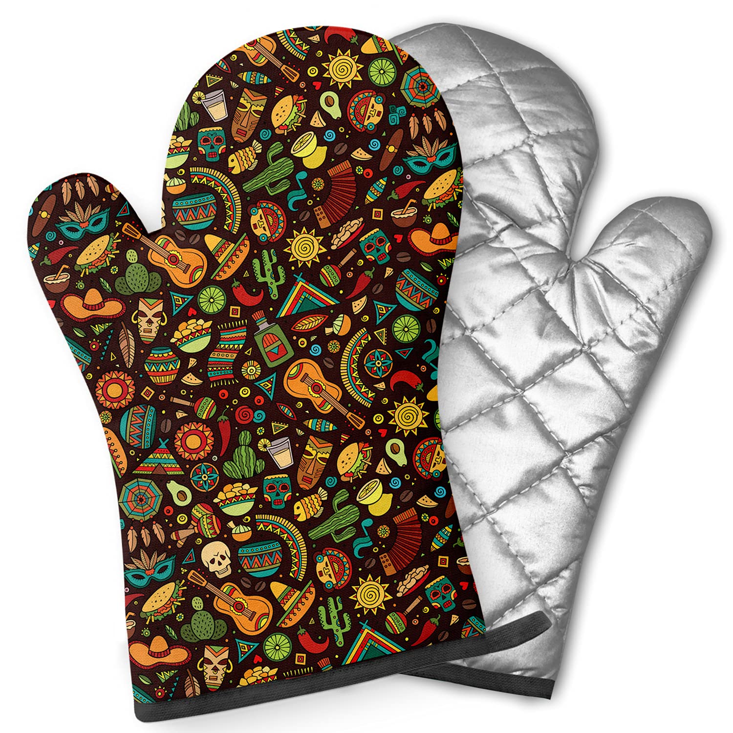 Pairs of Decorative Oven Mitts, Heat Resistant Kitchen Gloves for Cooking, Baking, Grilling ( Cartoon Latin American Mexican )