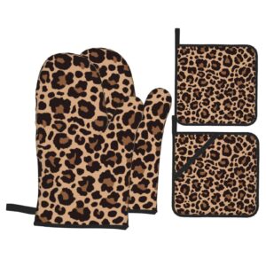 leopard print oven mitts and pot holders sets,non-slip heat resistant oven gloves for grilling baking cooking kitchen housewarming gift