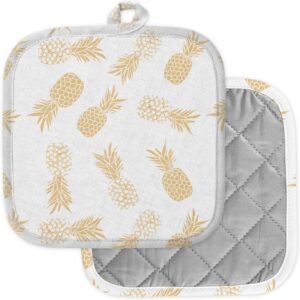 [pack of 2] pot holders for kitchen, washable heat resistant pot holders, hot pads, trivet for cooking and baking ( metallic cream gold pineapple fruit )