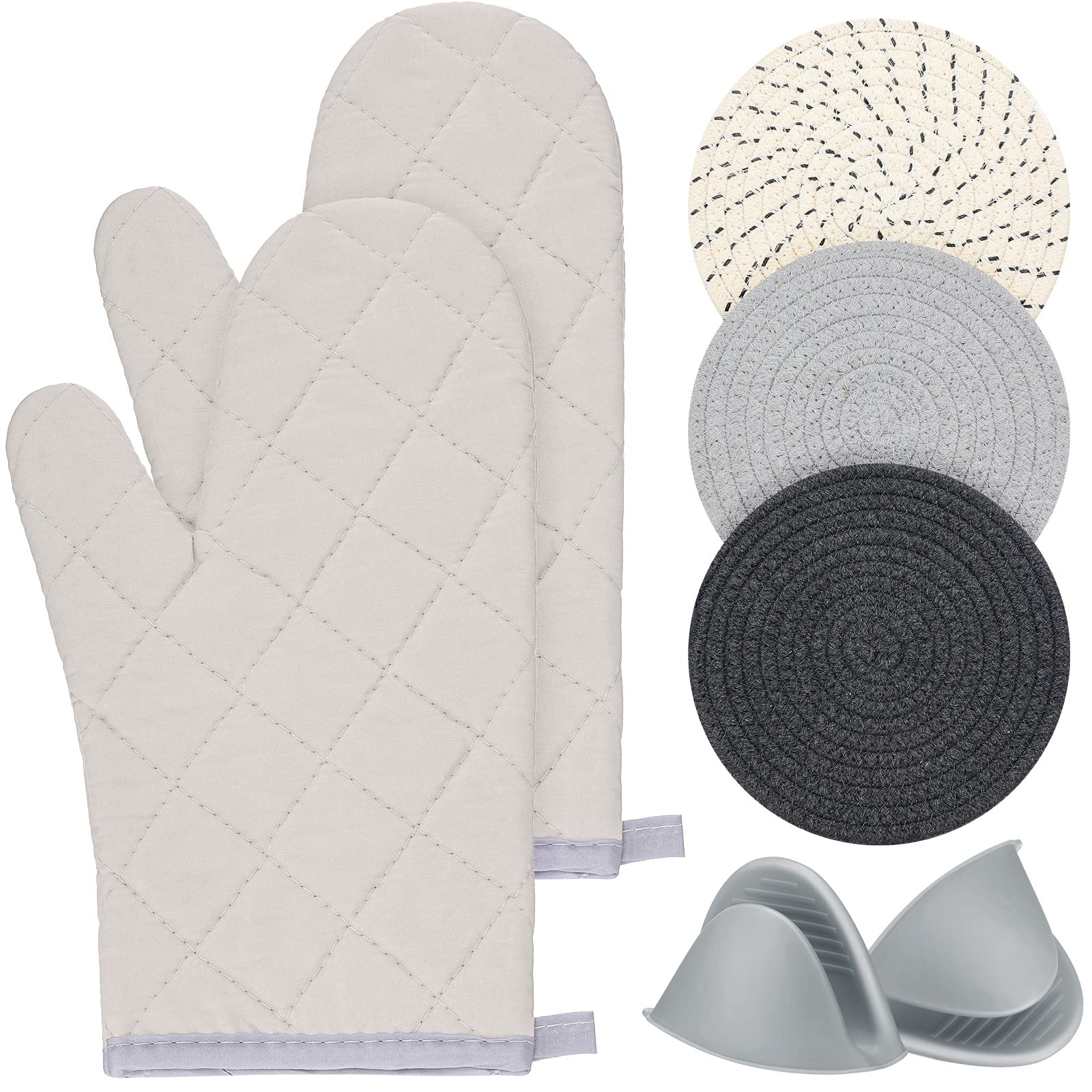 Oven Mitts Oven Gloves and Cotton Thread Weave Pot Holders Sets, Heat Resistant Silicone Oven Mittens with Hot Pads Potholders Farmhouse Kitchen Decor for Kitchen Cooking Baking Accessories (Gray)