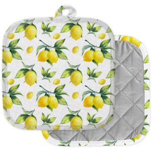 [pack of 2] pot holders for kitchen, washable heat resistant pot holders, hot pads, trivet for cooking and baking ( lemon on white )