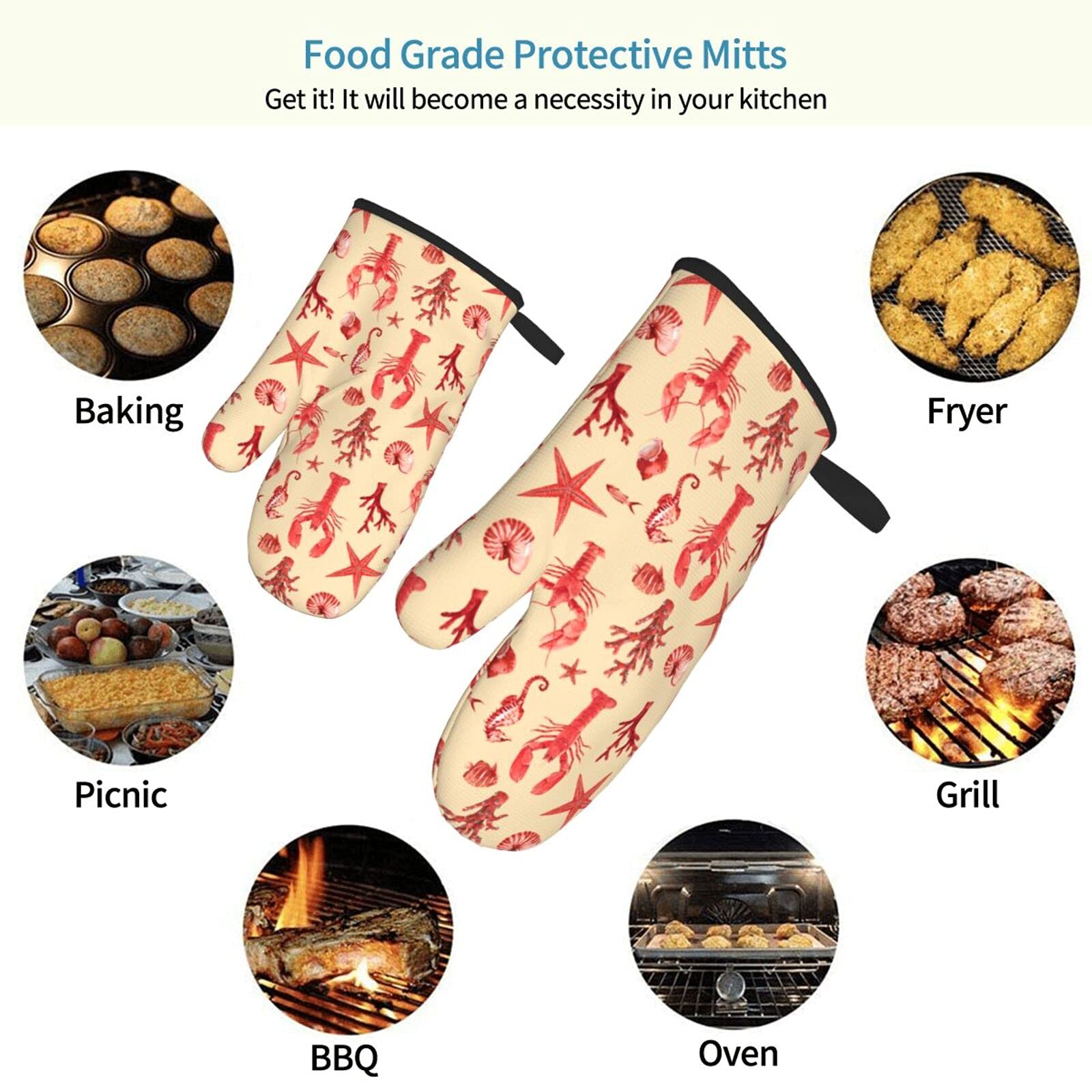 Lobster Print Oven Mitts/Gloves 1 Pair, for Home Kitchen Cooking Baking BBQ for Women/Men