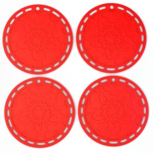 silicone hot pads (set of 4) - 6 in 1 multi-purpose kitchen tool, pot holder, splatter guard, microwave cover, jar opener, decorative trivet, red, 8 inches. includes 121 cooking secrets ebook