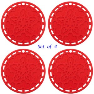 Silicone Hot Pads (Set of 4) - 6 in 1 Multi-Purpose Kitchen Tool, Pot Holder, Splatter Guard, Microwave Cover, Jar Opener, Decorative Trivet, Red, 8 Inches. Includes 121 Cooking Secrets Ebook