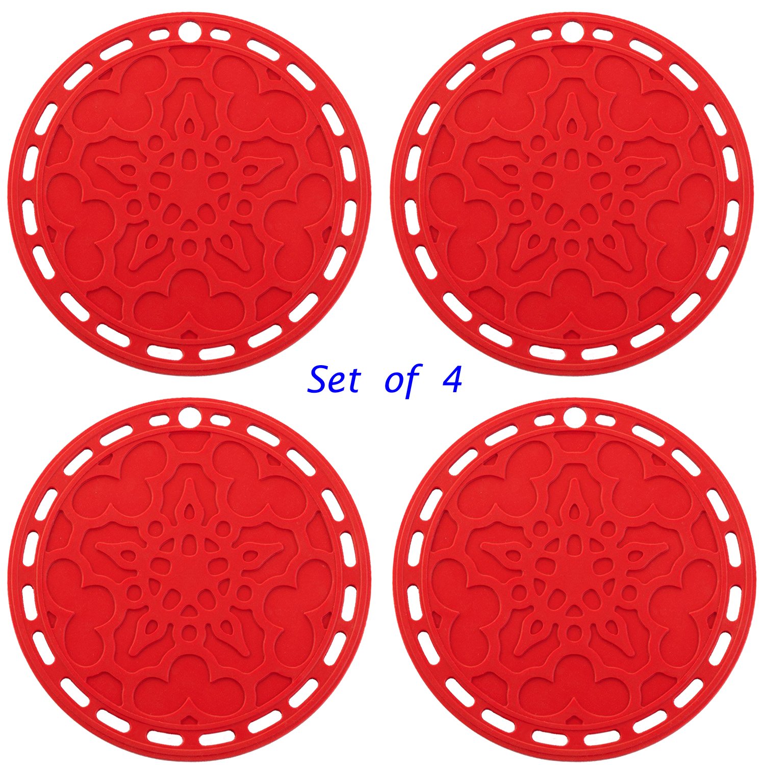 Silicone Hot Pads (Set of 4) - 6 in 1 Multi-Purpose Kitchen Tool, Pot Holder, Splatter Guard, Microwave Cover, Jar Opener, Decorative Trivet, Red, 8 Inches. Includes 121 Cooking Secrets Ebook