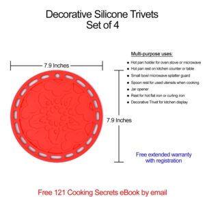 Silicone Hot Pads (Set of 4) - 6 in 1 Multi-Purpose Kitchen Tool, Pot Holder, Splatter Guard, Microwave Cover, Jar Opener, Decorative Trivet, Red, 8 Inches. Includes 121 Cooking Secrets Ebook