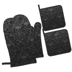 gothic skull flower black 4pcs oven mitts and pot holders sets,heat resistant non slip kitchen gloves hot pads with inner cotton layer for cooking bbq baking grilling