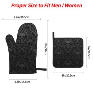 Gothic Skull Flower Black 4pcs Oven Mitts and Pot Holders Sets,Heat Resistant Non Slip Kitchen Gloves Hot Pads with Inner Cotton Layer for Cooking BBQ Baking Grilling