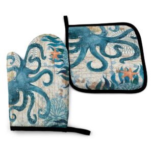 abucaky blue octopus nautical map oven mitts and pot holders insulated gloves & kitchen counter safe mats for cooking bbq baking grilling (2-piece set)
