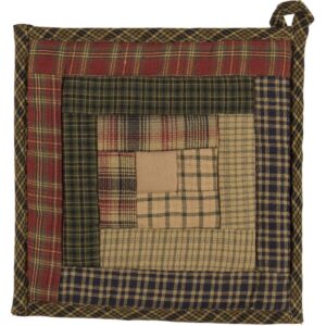 vhc brands tea cabin pot holder patchwork 8x8 log cabin country rustic lodge kitchen tabletop design, moss green and deep red