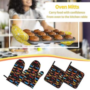 Cute Dachshund Oven Mitts and Pot Holders Set Funny Dogs Print Kitchen Gloves Heat Resistant Hot Pads for Microwave BBQ Cooking Baking Grilling (4pcs)