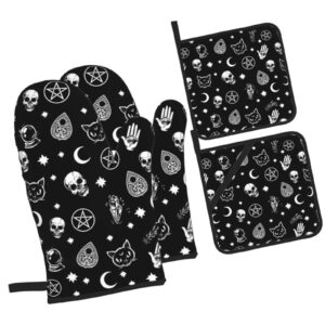 skull cat moon gothic pattern oven mitts and pot holders 4 pcs sets heat resistant gloves for kitchen bbq cooking baking grilling