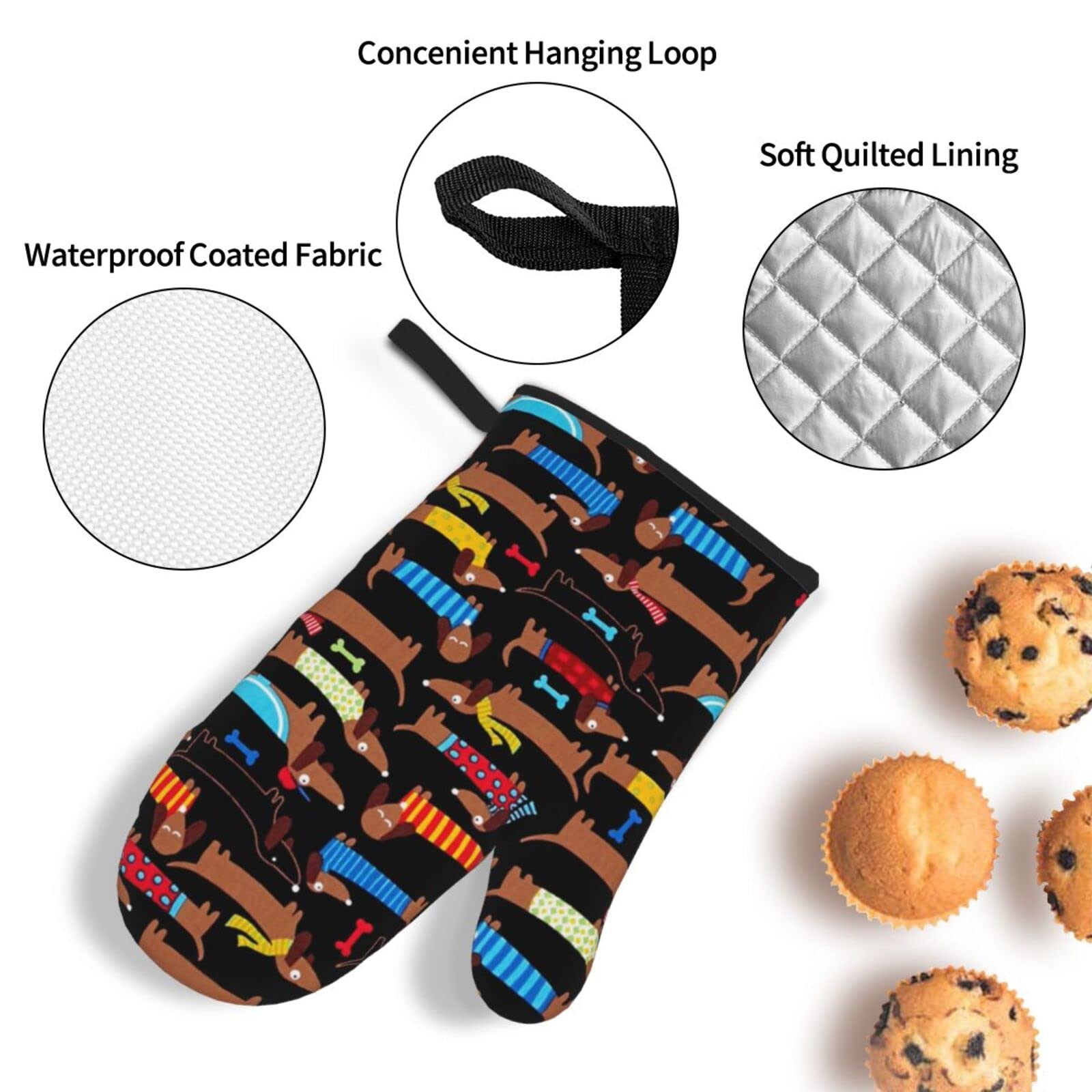 Cute Dachshund Oven Mitts and Pot Holders Set Funny Dogs Print Kitchen Gloves Heat Resistant Hot Pads for Microwave BBQ Cooking Baking Grilling (4pcs)