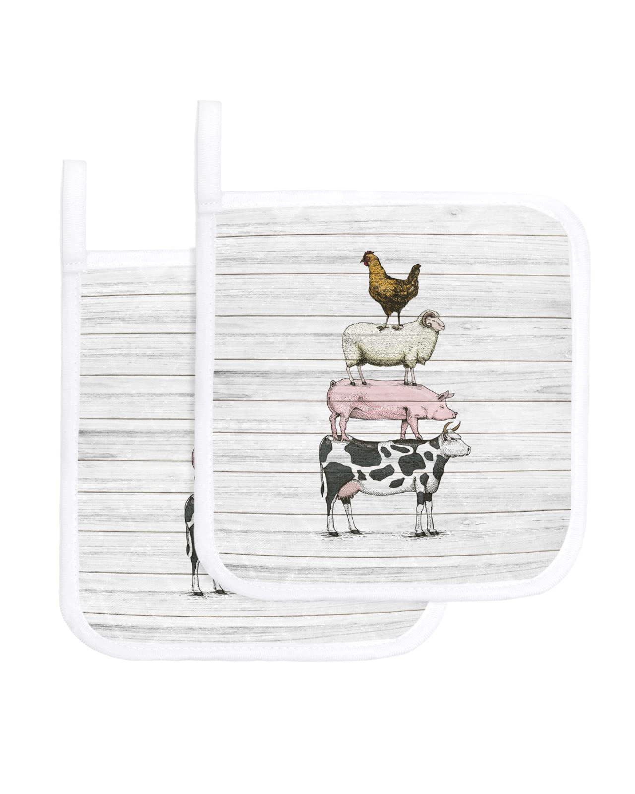 Pot Holders Set of 2,Cow Pig Sheep Chicken Farm Animal Potholder for Kitchen Heat-Proof Hot Pads,Vintage White Wooden Board Hot Mats Potholders for Cooking Baking BBQ