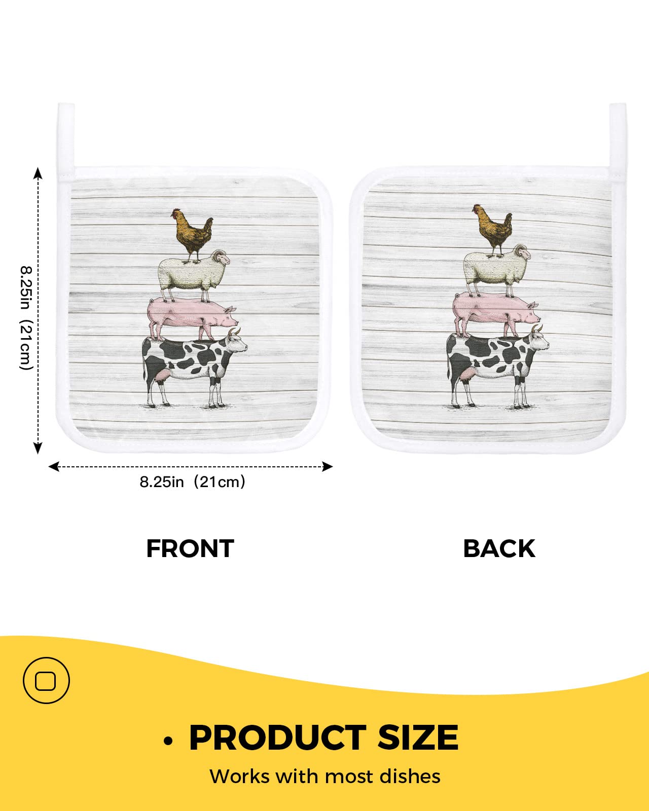 Pot Holders Set of 2,Cow Pig Sheep Chicken Farm Animal Potholder for Kitchen Heat-Proof Hot Pads,Vintage White Wooden Board Hot Mats Potholders for Cooking Baking BBQ