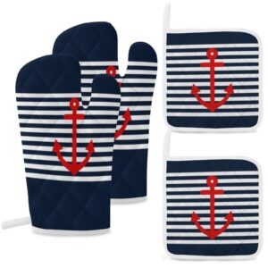 4pcs oven mitts glove kitchen heat resistant pot holders set navy blue nautical kitchen microwave oven gloves mitts anti-scald baking cooking gloves